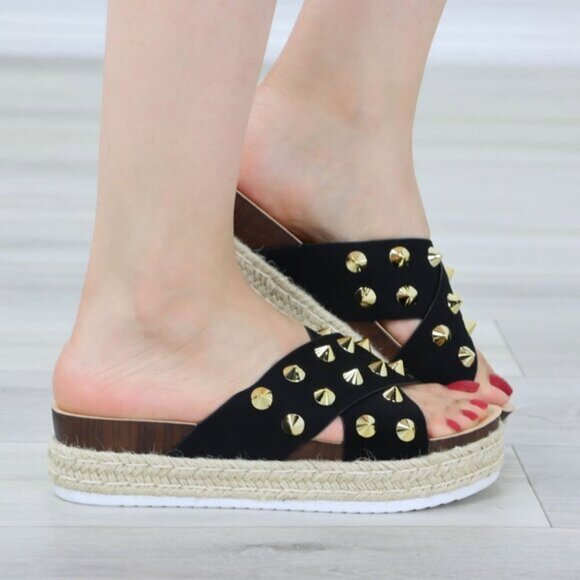 Black Platform Espadrille Sandals Crossover Gold Metal Stud Slip On Sliders - Picture 8 of 15